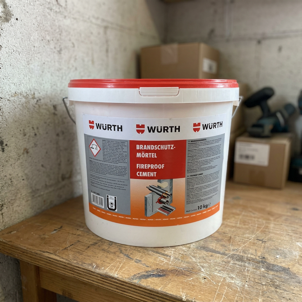 Würth Brandschutzmörtel im geschlossenen 10-kg-Eimer in einer KI-generierten Werkstattszene nach Originalproduktbild