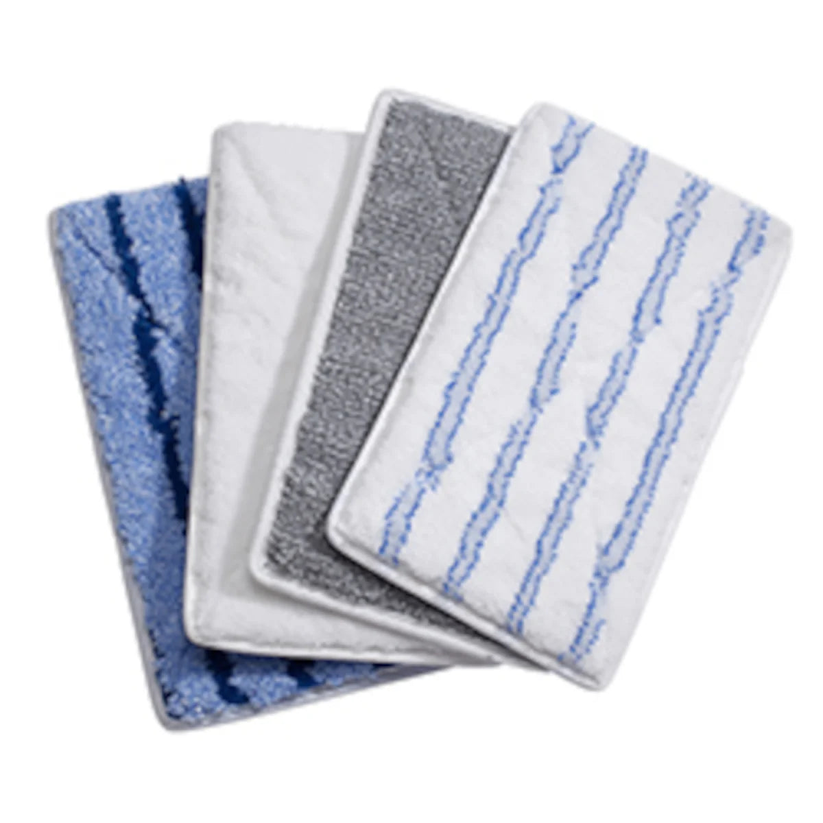 Vier Mikrofaserpads in verschiedenen Mustern und Farben, darunter blau gestreift, weiß und grau.