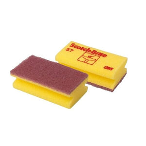 Zwei Scotch-Brite Reinigungsschwämme in Gelb und Rosa.