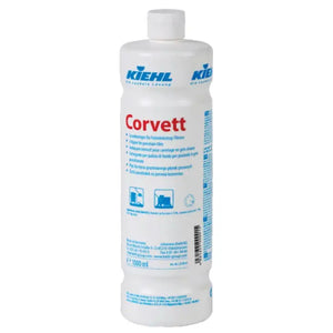 Die Corvett, 1L Flasche zeigt einen klaren Behälter mit einem blauen Etikett und einem Sprühkopf.