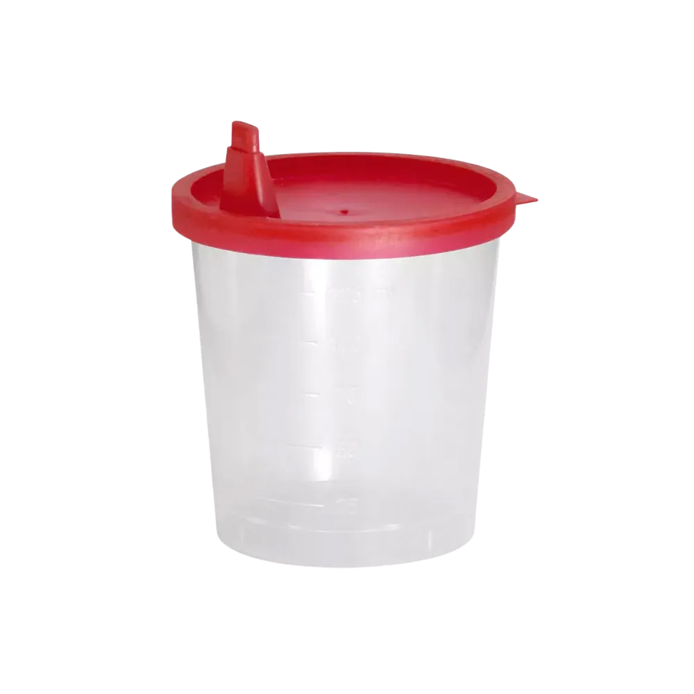 Medizinische Produkte -Urinsammelbehälter mit rotem Schnappdeckel, 125ml, 1 St.
