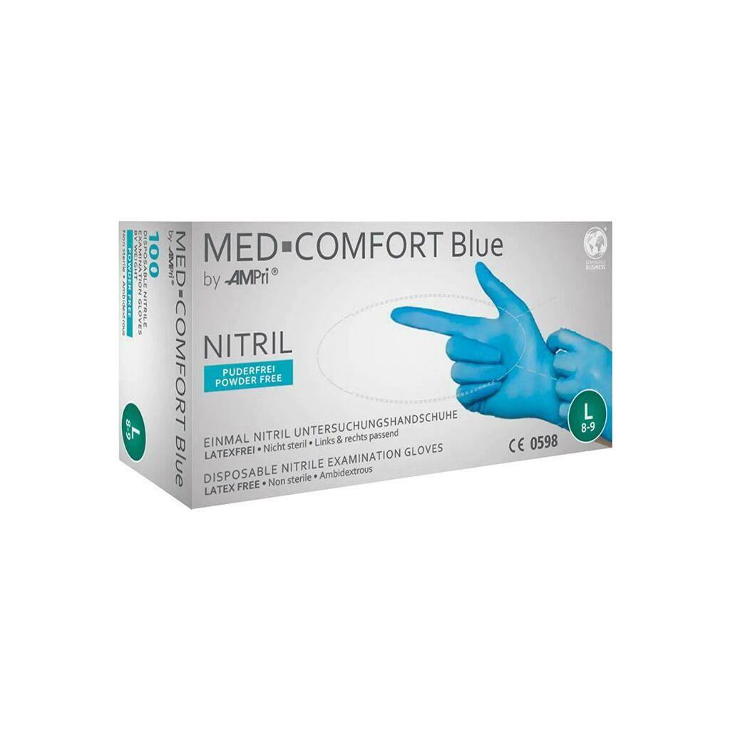Med-Comfort Blue Nitrile Examination Gloves, powder-free, blue, non-sterile, size S, 100 pcs/box