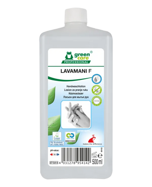 Handwaschlotion Lavamani F in einer 500ml Flasche mit Ecolabel.