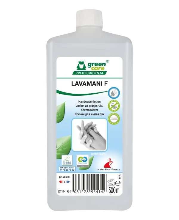 Handwaschlotion Lavamani F in einer 500ml Flasche mit Ecolabel.