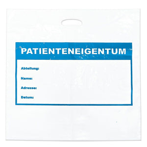 Weiße Tragetasche mit blauem Aufdruck "Patienteneigentum" und Feldern für Abteilung, Name, Adresse und Datum.