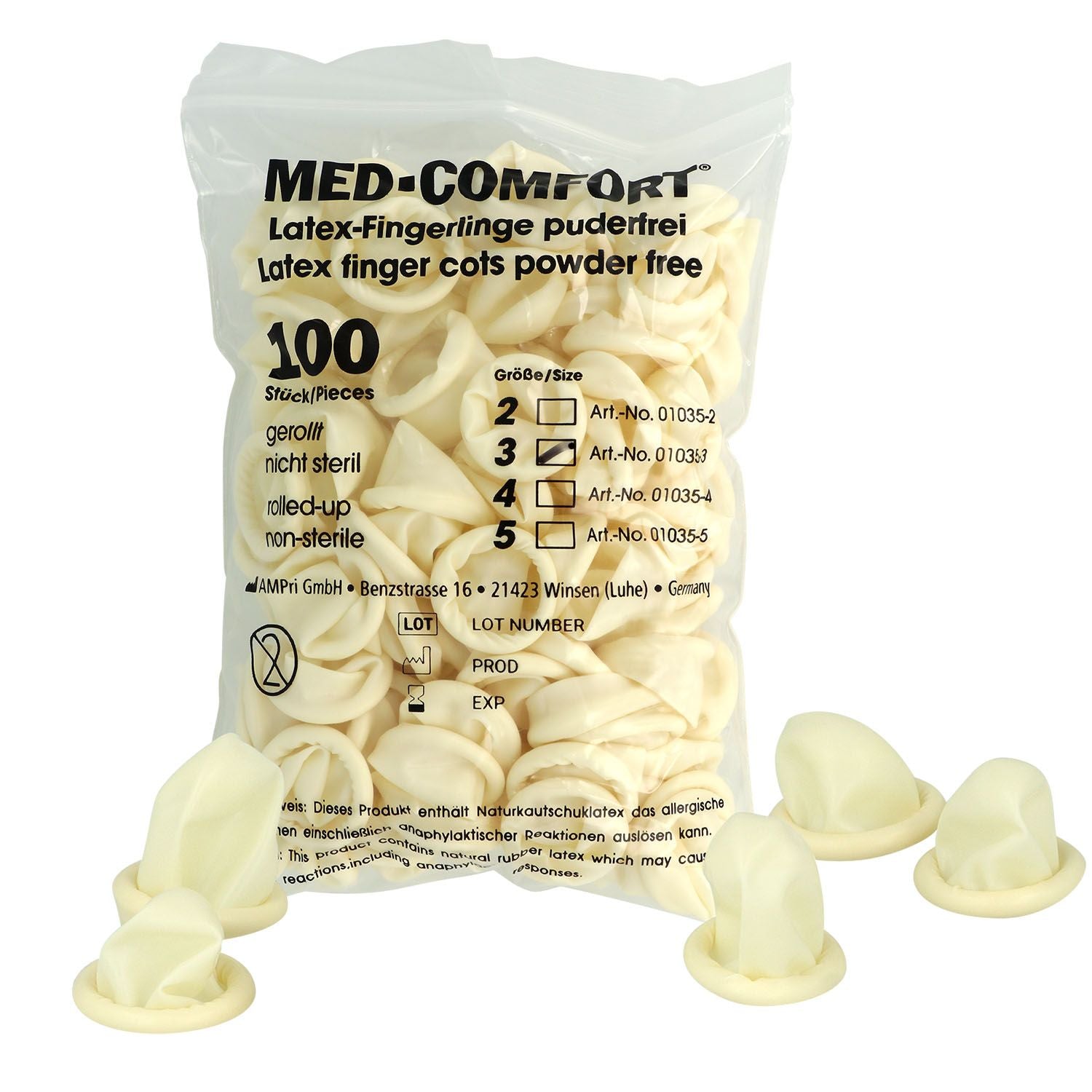 MED COMFORT Latex Fingerlinge, Größe 4, 100 Stück, unsteril und gerollt.
