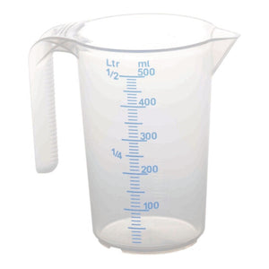 Glasklarer Messbecher mit 0,5 Liter Fassungsvermögen und ml-Skala.