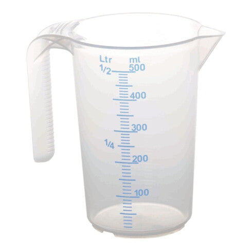 Glasklarer Messbecher mit 0,5 Liter Fassungsvermögen und ml-Skala.