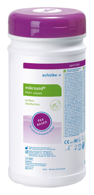 Dose mit 50 mikrozid PAA + Wipes, feuchte Desinfektionstücher für Oberflächen.
