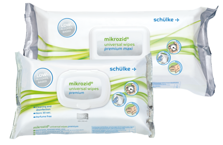 Mikrozid Universal Tücher in einer Box mit 100 einzeln verpackten Desinfektionstüchern.