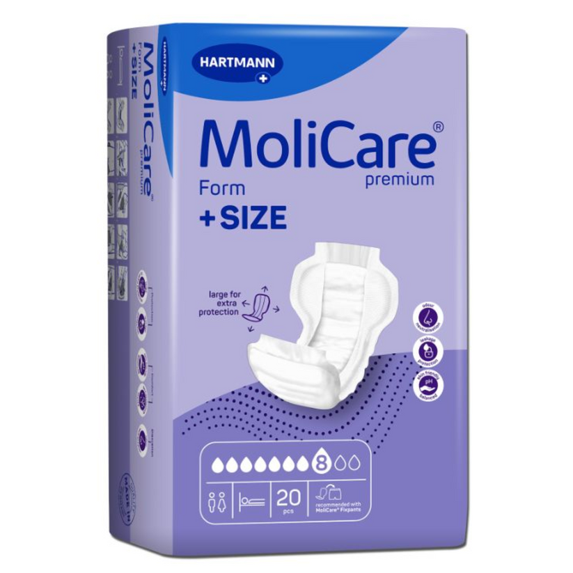 MoliCare Premium Form incontinence pads with 8 drop absorbency.