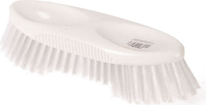 Weiße Kunststoff-Kannenbürste mit harten Borsten und ergonomischem Griff.