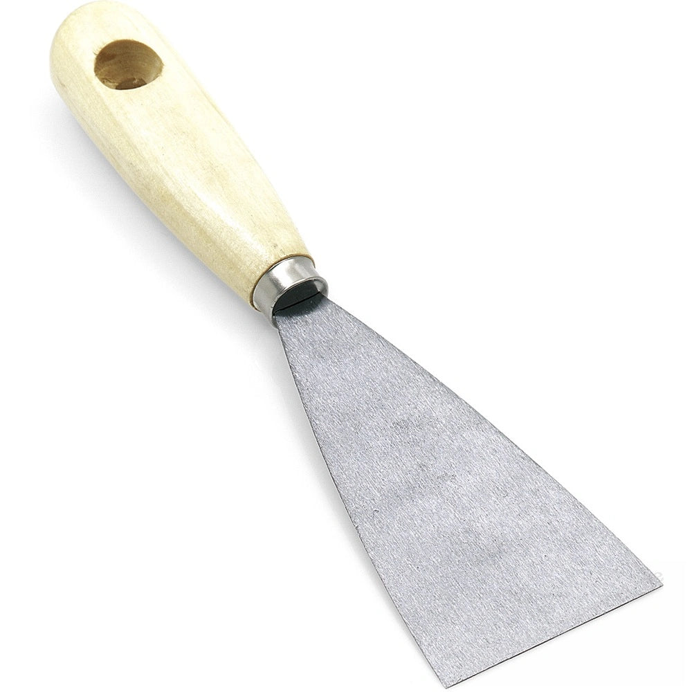 Malerspachtel mit 80mm Edelstahlklinge und hellem Holzgriff.