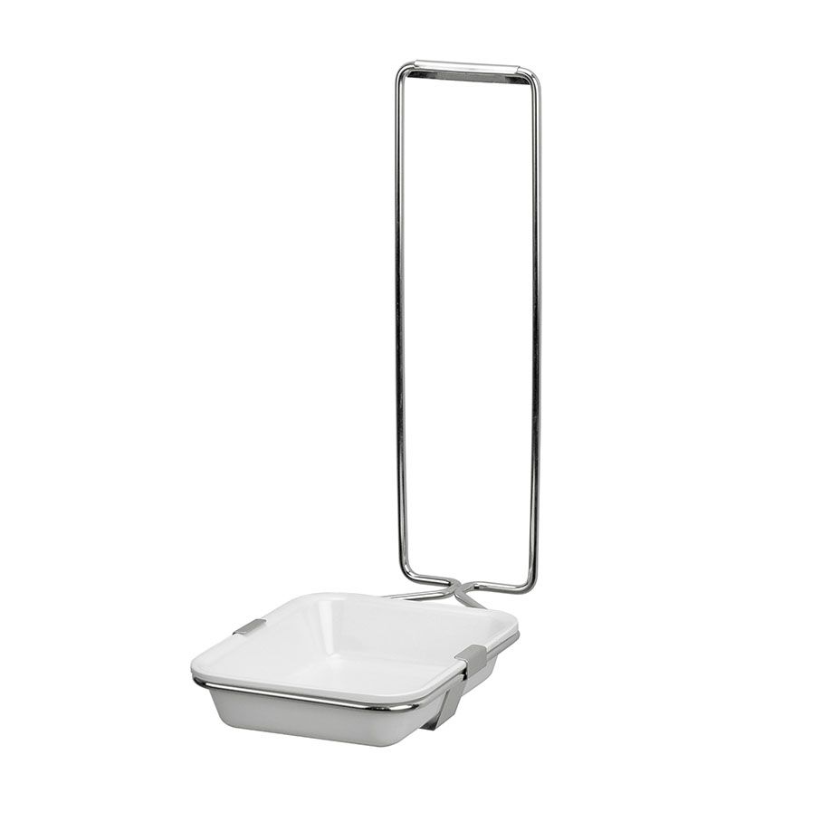 White enamel basin with a chrome holder for a dispenser.