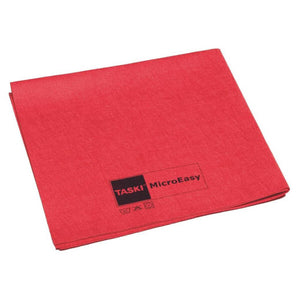 Rotes Taski MicroEasy Mikrofasertuch mit Waschsymbolen.