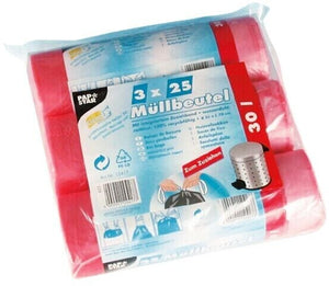 Rote Müllbeutel aus HDPE mit Zugband, 30 Liter Fassungsvermögen.