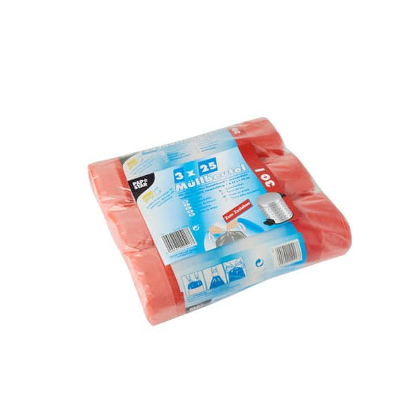 أكياس القمامة LDPE، 30 لتر، أحمر، 300+250x600 مم، نوع 70، 51my، 25 قطعة/لفة.