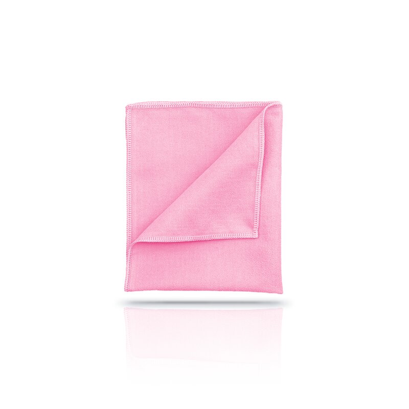 Ein rosa Mikrofasertuch, gefaltet mit einer Ecke nach oben.