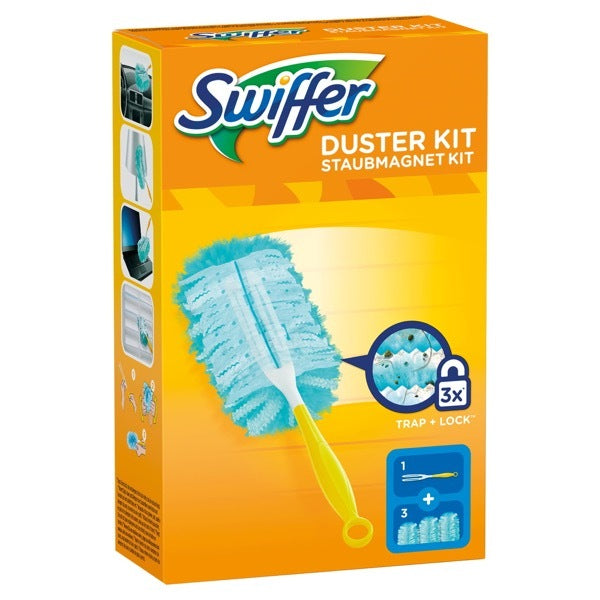 Swiffer Duster Kit with a blue microfiber duster and yellow handle.