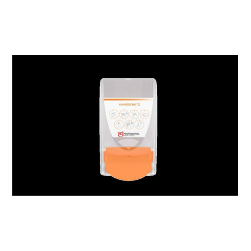 Ein transparenter Spender mit orangefarbenem Boden und dem Schriftzug "HANDSCHUTZ".