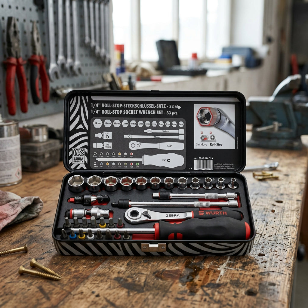Würth ZEBRA Roll-Stop-Steckschlüsselsatz 1/4 Zoll, 33-teilig
