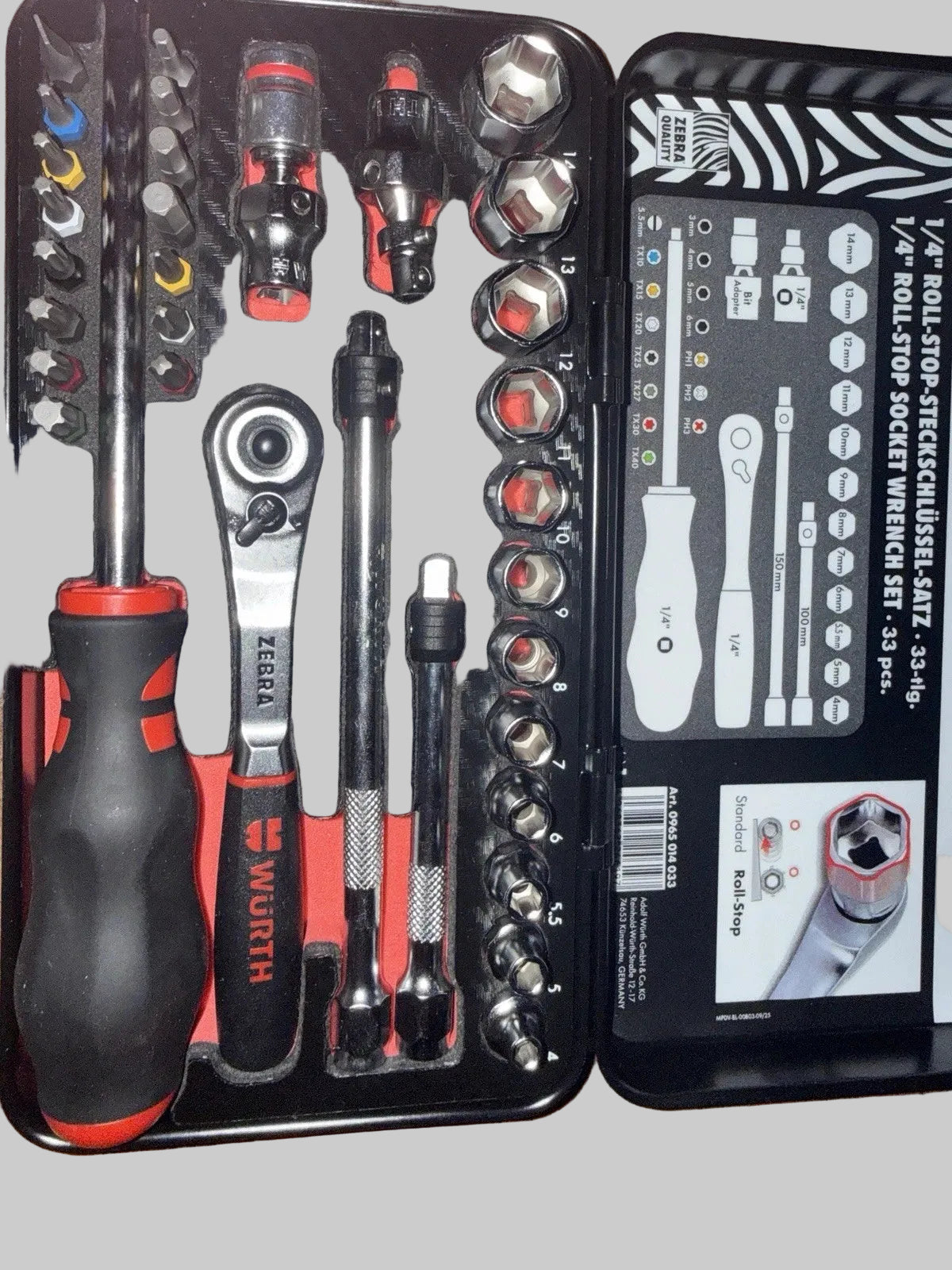Würth ZEBRA Roll-Stop-Steckschlüsselsatz 1/4 Zoll, 33-teilig