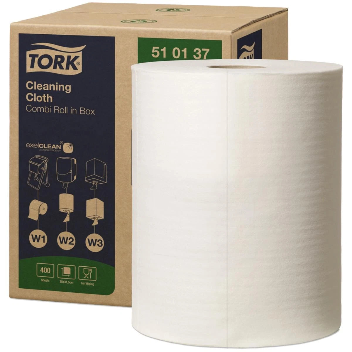 Reinigungstücher, Putztuchrolle, Tork, 32x38cm, 1lg, weiß, perforiert,  Ro. ware, Wiper Pak, Uni Box Ro., 400 Tü/Ro.