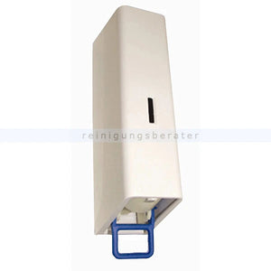 Weißer Kunststoff-Seifenspender von Dreiturm mit blauem Bügel.