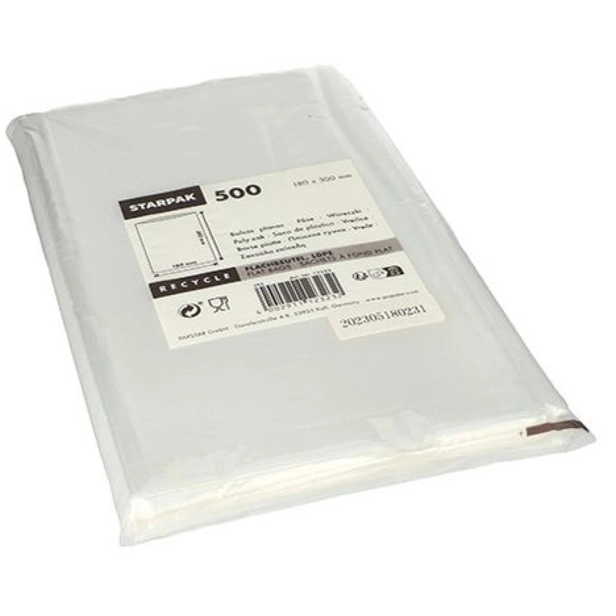 Starpak 500 transparent LDPE flat bags, 180 x 300 mm.