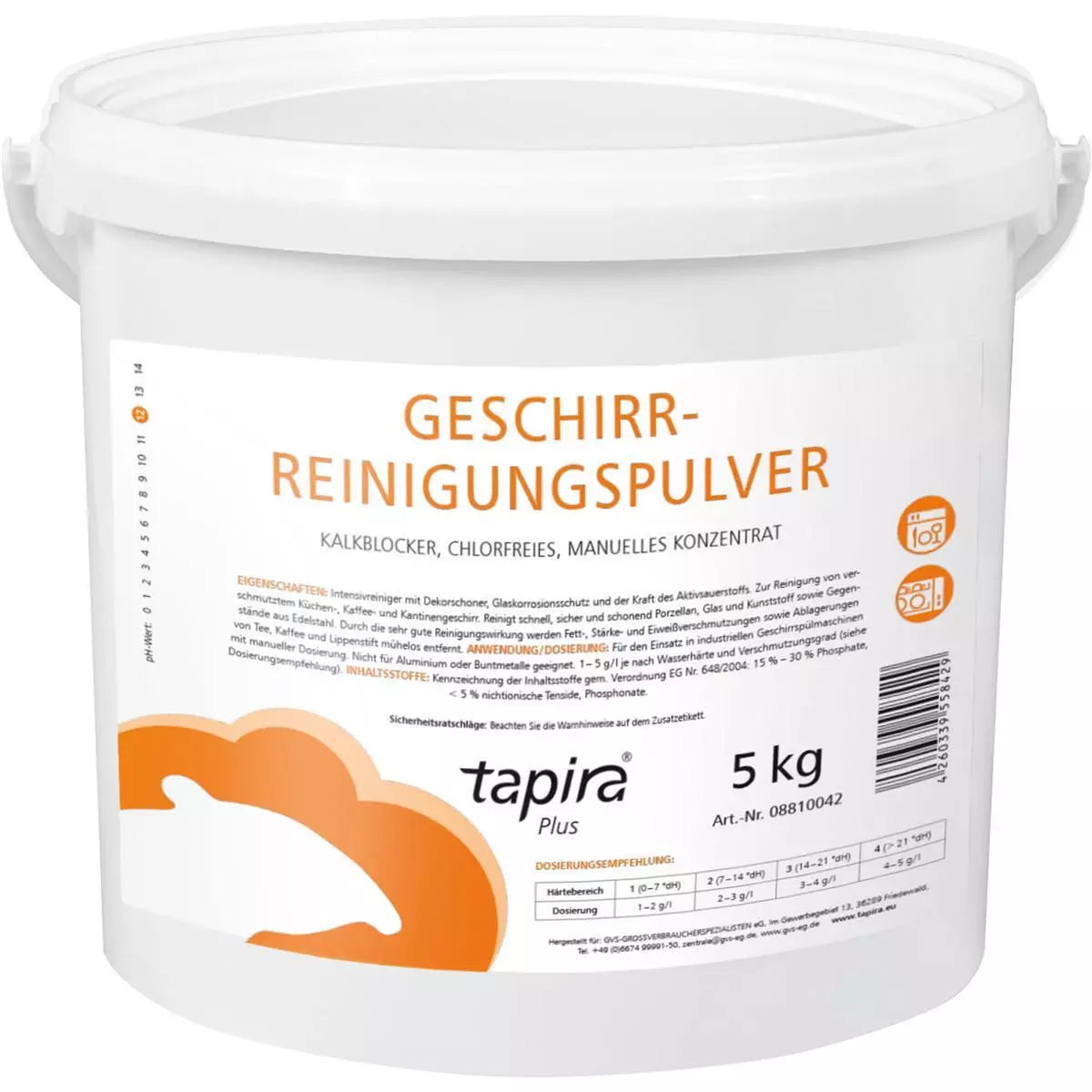 Tapira Plus Geschirrreinigungspulver CL in einem 5 kg Eimer.