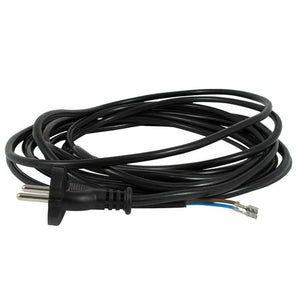 Schwarzes Netzkabel mit Stecker und abisolierten Enden.