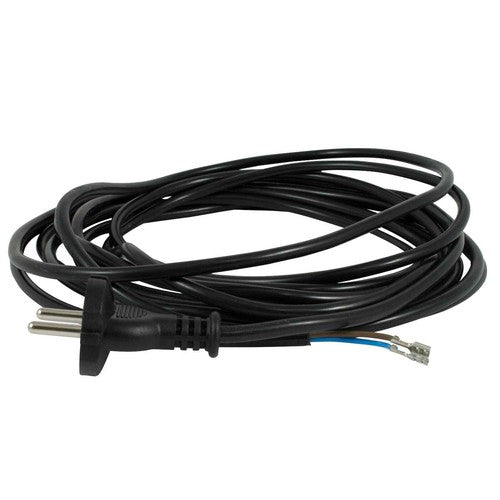 Schwarzes Netzkabel mit Stecker und abisolierten Enden.