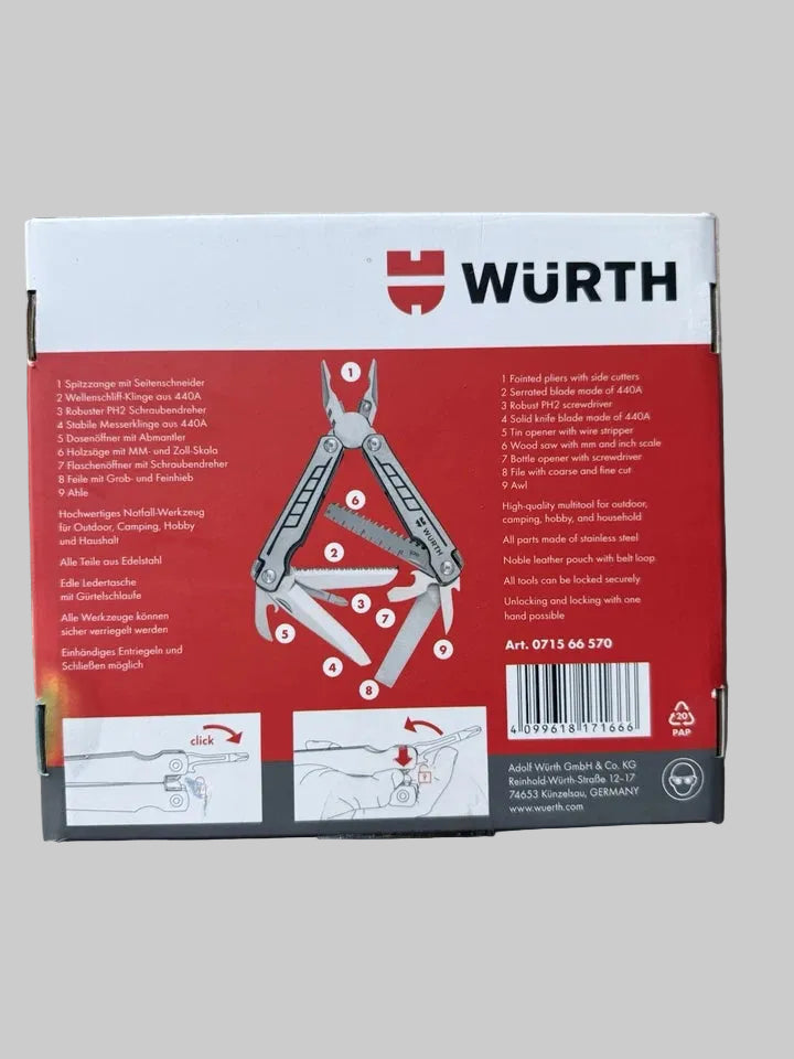 Würth Multitool mit Ledertasche, 9 Funktionen