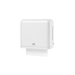 Weißer Falthandtuchspender mit Tork-Logo und herausragendem Papier.