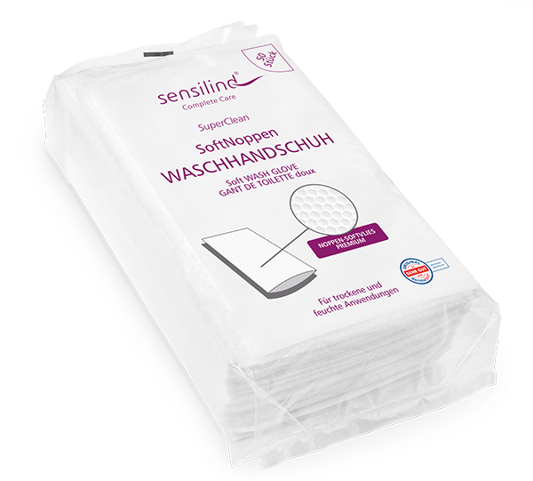 Einweg Waschhandschuh in 23x15 cm mit SoftNoppen für sanfte Körperpflege, 50 Stück.