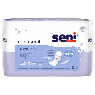 Packung mit 15 Seni Control Normal Einlagen für leichte bis mittlere Inkontinenz.