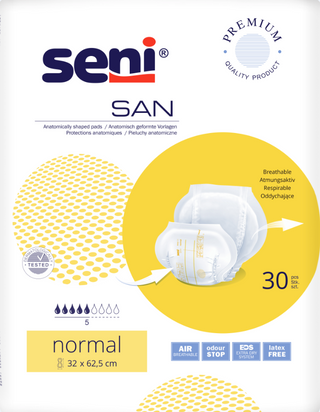 Seni San Regular Inkontinenzeinlagen Größe 2 in einer Packung mit 30 Stück, anatomisch geformt.