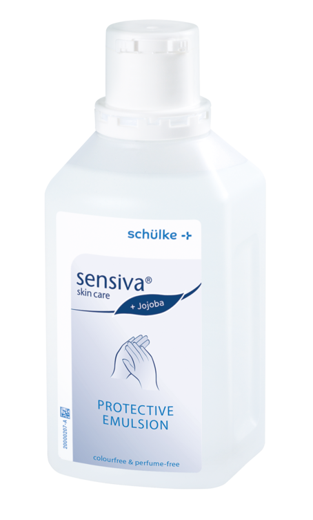 Flasche mit Sensiva Protective Emulsion Hautpflege, 500ml, für intensive Hautpflege und Schutz.
