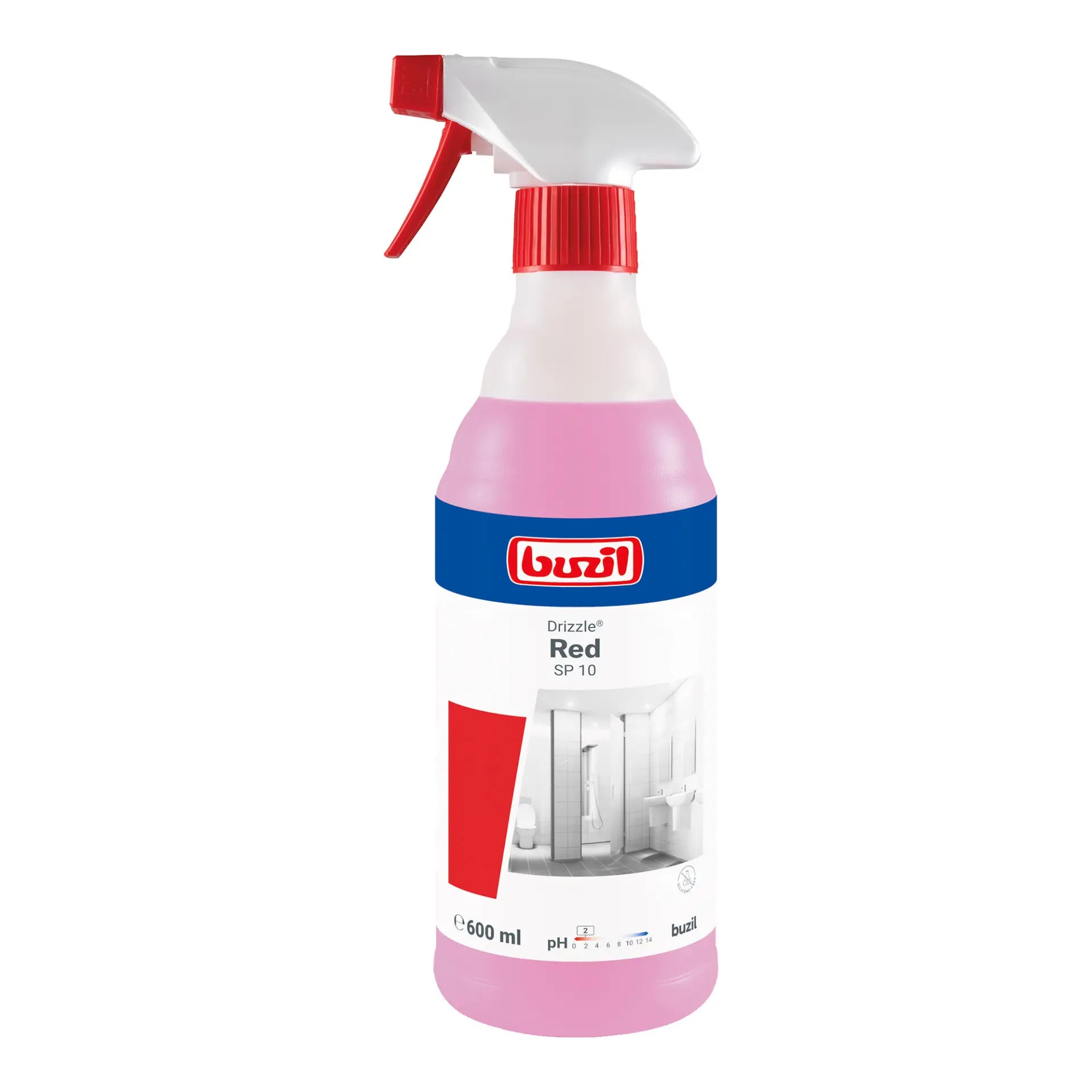 Buzil Drizzle Red Sprühflasche mit 600 ml Inhalt und rotem Sprühkopf.