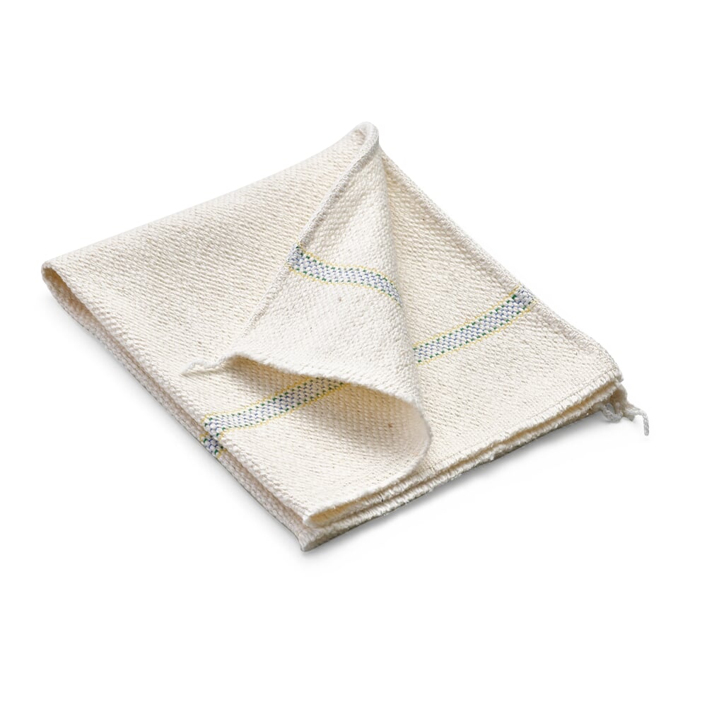 Ein naturfarbenes Spültuch mit blauen und gelben Streifen.