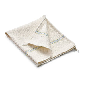 Ein naturfarbenes Spültuch mit blauen und gelben Streifen.