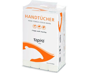 Packung weißer, 2-lagiger Handtücher aus Recyclingpapier von Tapira Plus.
