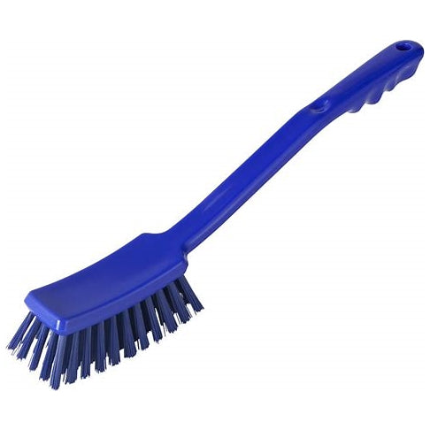 Blaue Stielbürste mit harten Borsten.