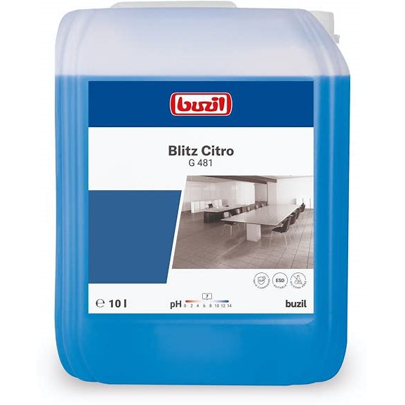 Buzil Blitz Citro G 481 10L blue cleaning liquid in a plastic container.