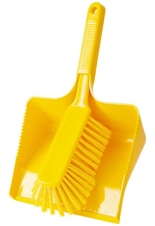 Gelbe Kehrgarnitur mit weichen Borsten und breiter Kehrfläche.