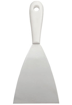 Spachtel mit weißem Kunststoffgriff und Edelstahlklinge.