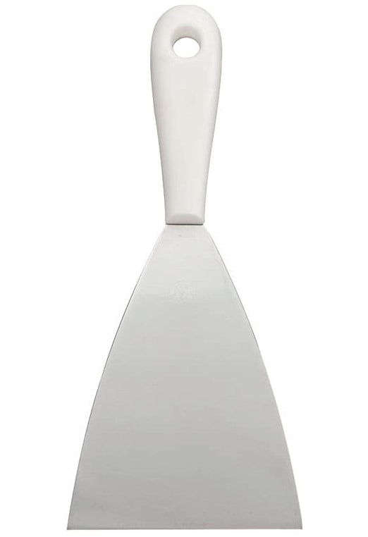 Spachtel mit weißem Kunststoffgriff und Edelstahlklinge.