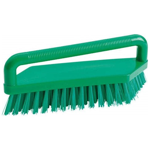Grüne Scheuerbürste mit hartem PBT-Borsten und ergonomischem Griff.