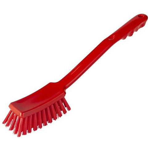 Rote Stielbürste mit hartem PBT-Borstenbesatz und ergonomischem Griff.
