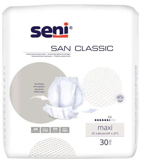Seni San Classic Maxi Inkontinenzhosen mit elastischem Bund und atmungsaktivem Material, 30 Stück.